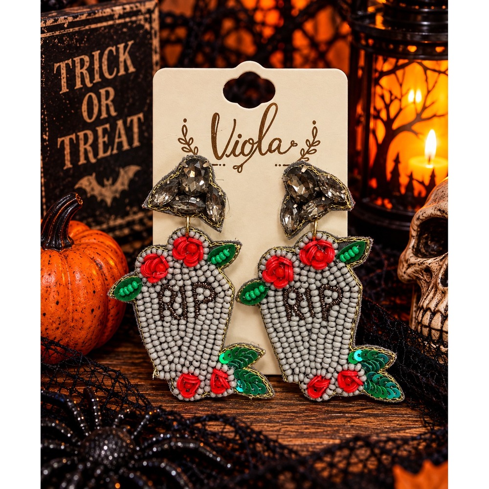 Beaded RIP Tombstone Earrings Halloween Gothic Gravestone Red Rose Rhinestone